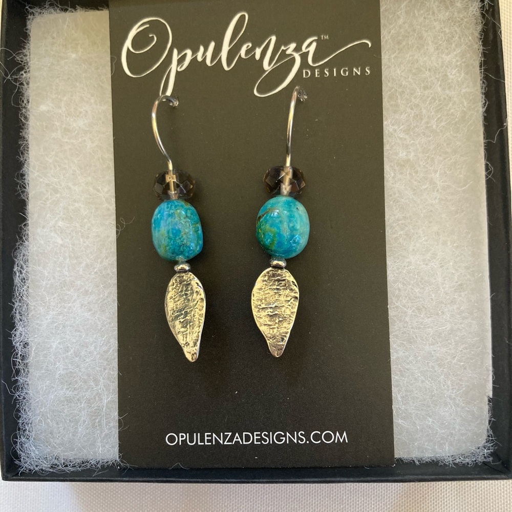 Opulenza Designs Turquoise & Smokey Quartz with Sterling Silver Feather Earrings